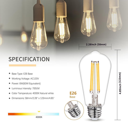 12 PCS ST58 (ST19) LED Edison Bulbs, Dimmable Vintage Antique LED Filament Light Bulbs, 6W Equivalent 60 Watt, Natural White 4000K, 600 Lumens, E2...