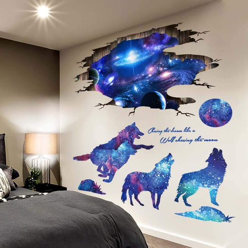 3D Blue Starry Sky Wolf Moon Wall Decals Removable PVC Magic 3D Milky Way Outer Space Planet Wall Sticker Peel Stick Home Decor for Kids Baby Bedr...