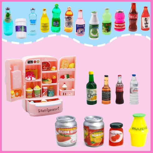 50Pcs Miniature Food Drinks Bottle Soda Pop Cans, Pretend Play Mini Kitchen Game Party Accessories Toys Hamburg Cake Ice Cream for 1/12 Doll House...