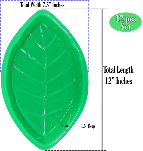 Palm Leaf Serving Trays | 12 Pcs Green Plastic Hawaiian Snack Trays | Luau Party Decorations Serveware | Tropical Party Serving Platter | BBQ, Sum...