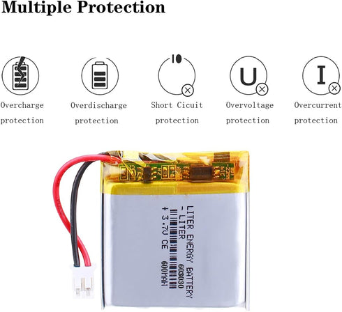 Liter Energy Battery 3.7V Lipo Battery 600mAh Rechargeable Lithium ion Polymer Battery 603030 Lithium Polymer ion Battery with JST Connector...