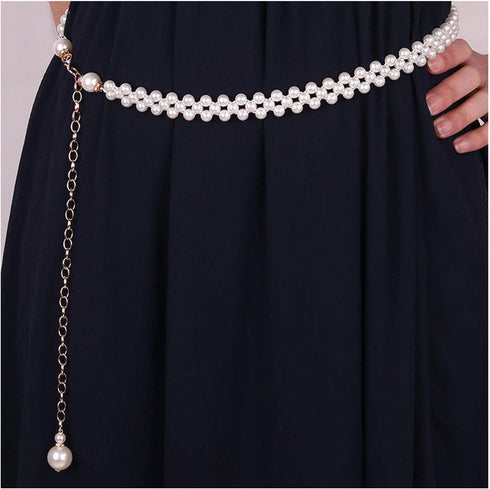 Women's Fashion Pearl Decorative Metal Waist Chain, White, Size 100cm...