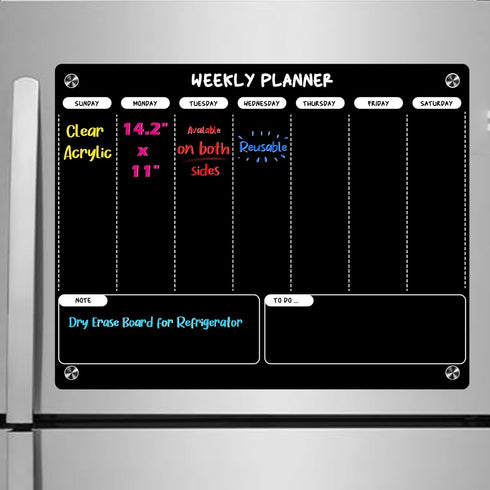 Weekly Dry Erase Board for Refrigerator, Magnetic Weekly Calendar for Fridge, Black Acrylic Note Board, Planner Schedule Board, Double-Sided Use...