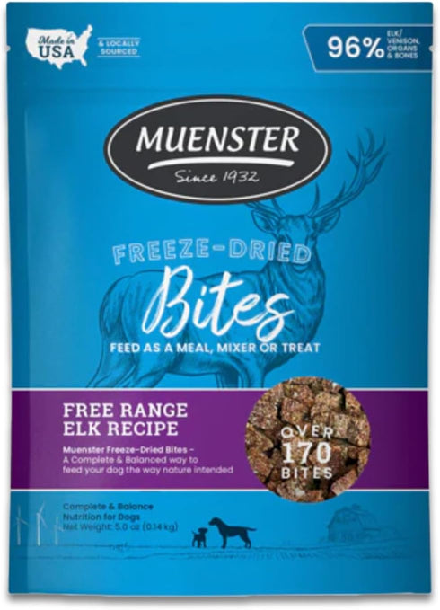 Muenster Freeze Dried Dog Food Topper Bites (5oz) - Farmhaus Elk Freeze Dried Raw Dog Food w/Organic Minerals - Elk & Organ Meats Meal Toppers for...