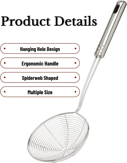 Spider Strainer Skimmer Spoon, HSpiow Set of 3 Sizes Frying Spoon Stainless Steel Fryer Scoop Wire Strainer Ladle with Long Handle for Kitchen Fry...