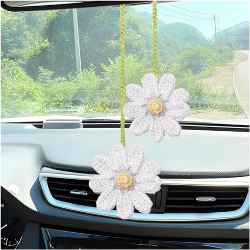 Crochet Daisy Car Accessories, Automotive Stuff Charm Ornament Pendant Knitted Cute Rear View Mirror Hanging Interior Decoration Aesthetic Handmad...