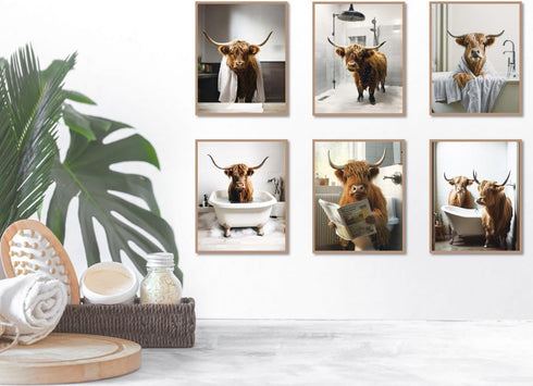 MINI ZOZI Cow Bathroom Decor 8x10 6PCS Canvas Pictures Wall Decor Funny Highland Cow Prints Art Rustic Farmhouse Modern Style Restroom Bath Painti...