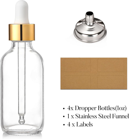 AOZITA 4 Pcs, 1 oz Golden Cap Clear Dropper Bottles (30ml) with 1 Funnel & 4 Labels - Glass Tincture Bottles for Essential Oils with Eye Droppers ...