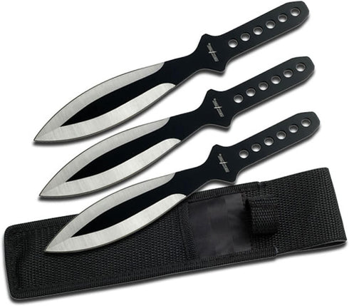 Perfect Point Throwing Knife Set – Set of 3 Throwers, Black and Satin Finish Stainless Steel Blades w/Black Handles, Includes Nylon Sheath, Well B...