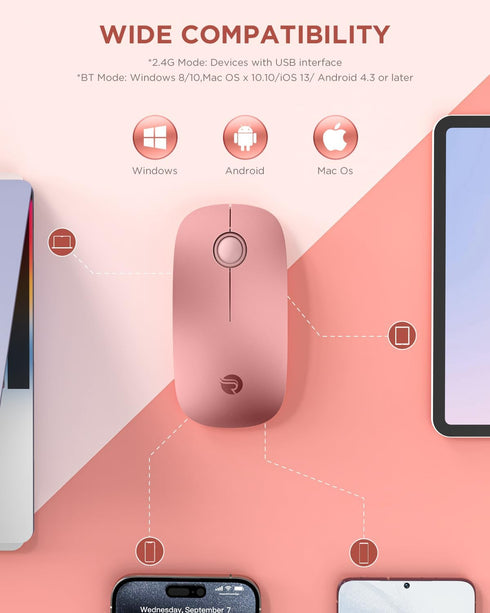Bluetooth Wireless Mouse - (BT5.1+USB) Dual Connectivity, Quiet Click, Low Power, and 1600 DPI, Portable Cordless Mouse for Mac, Laptop, MacBook P...