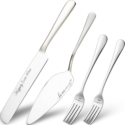 Cake Cutting Set for Wedding, Wedding Cake Knife and Server set, Forks and Cutter Pie Spatula Birthday Anniversary Christmas Gift of 4 (Silver)...
