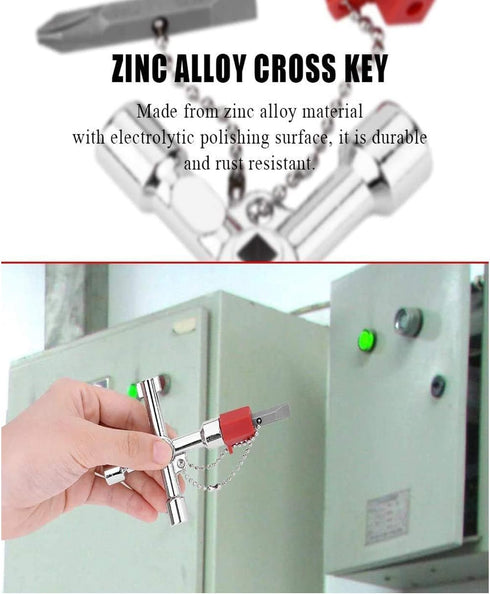 4 in 1 Universal Utilities Key, Multi-Functional Universal Cross Key with Bit Zinc Alloy Tools Electrical Cupboard Box, Train Door, Water Meter Va...