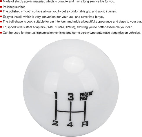 Qiilu Round Ball Gear Shift Knob, M12x1.25 Gear Shift Knob Head 5 Speed Wear Resistant with 3 Adapter Universal Automobile Accessory(White)...
