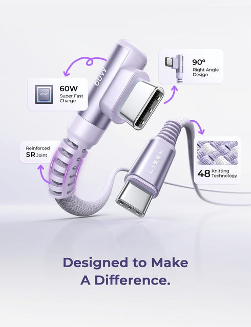 LISEN USB C to USB C Cable (6ft, 2 Pack), (60W/3A) USB C Charger Cable Fast Charge Right Angle Compatible with Samsung S23 S22 S21 Note 20 Ultra, ...