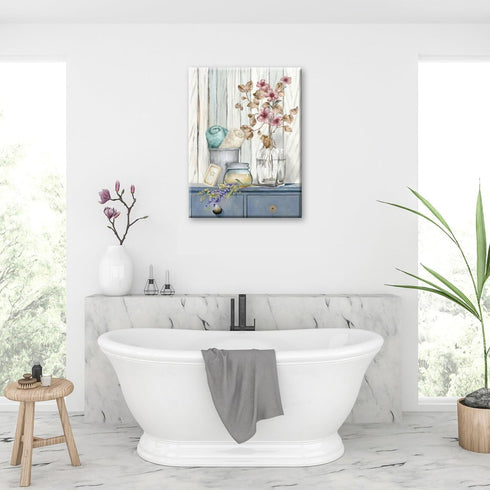 Bathroom Decor Wall Art Farmhouse Flower Pictures Floral Bathroom Wall Decor Bath Towel Bathroom Pink Poppy Vase Canvas Prints Blue White Painting...