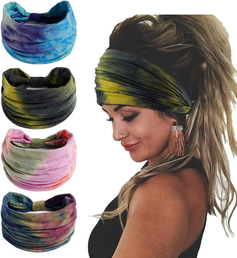 Gangel Boho Headbands Tie Dye Fabric Turban Head Wraps Wide Hair Scarf Yoga Running Hair Accessories for Women and Girls(Pack of 4) (Tie dye)...