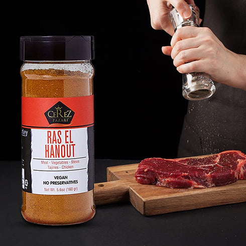 Cerez Pazari Ras El Hanout Meat Seasoning 5.6oz-160g, Moroccan Meat Spice Blend Premium Grade,%100 Natural, Freshly Packed, Non-GMO, Gluten Free, ...