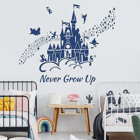 Supzone Castle Wall Stickers Fairy Tale Castle Never Grow Up Quotes Stars Wall Decor for Baby Nursery Room Kids Bedroom Wall Decal-Navy Blue...