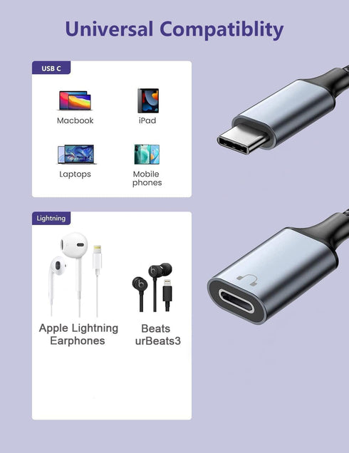 USB C to Lightning Audio Adapter Cable USB Type C Male to Lightning HiFi Audio Female Headphones Converter Fit with iPhone 15, iPad Pro/Air, Macbo...