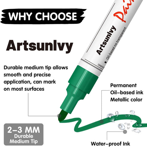 Green Paint Pens Permanent Markers - 2 Pack Paint Markers for Metal, Rubber,Wood, Rocks, Canvas, Plastic, Dark Surface, Craft Art Supplies, Medium...