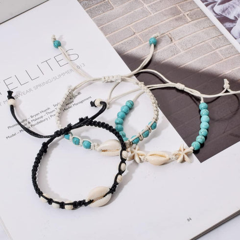 Caiyao Natural Cowrie Shell Turquoise Bead Bohemian Bracelet Handmade Braided Wax Rope Women Adjustable Starfish Anklet Beach Parties Jewelry...