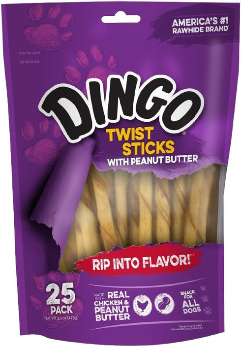 Dingo Twist Sticks with Peanut Butter, Rawhide Chew, 25 Count...