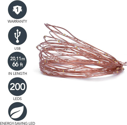Sterno Home 66' USB-Powered LED Fairy Lights, Copper Wire...