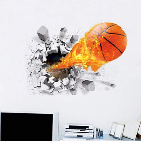 Supzone 3D Basketball Wall Sticker - Self-Adhesive Breakthrough Fireball Decor, Vinyl Removable Flying Basketball Art for Kids Bedroom Playroom Mu...