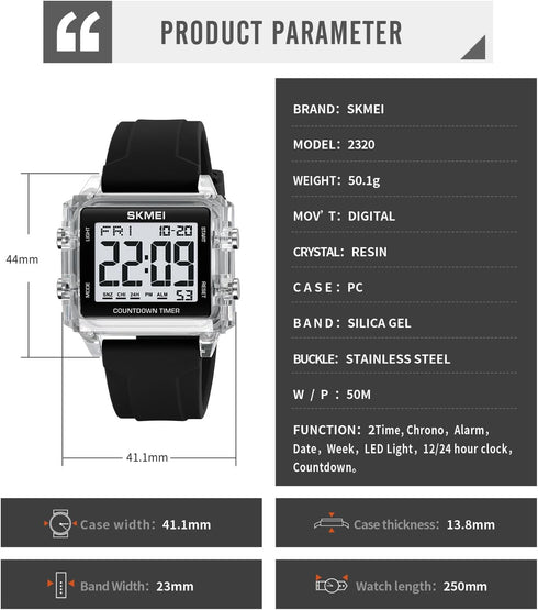 Gosasa Unisex Digital Watch Women Men Multifunction Outdoor Sport Watches Casual Silicone Strap Stopwatch Alarm Countdown Dual Time 50M Waterproof...