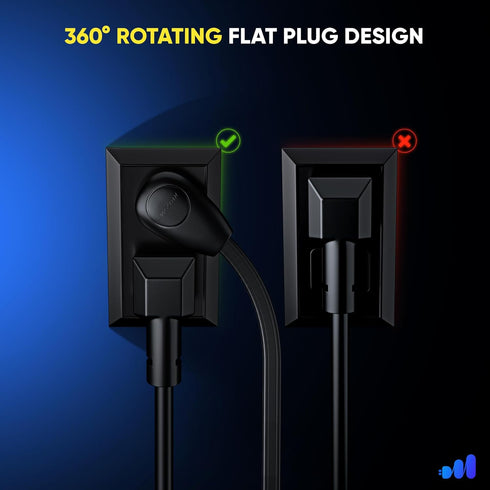 Maximm Cable 3ft 360° Rotating Flat Plug Extension Cord/Wire, 16 AWG Multi 3 Outlet Extension Wire, 2 Prong with Safety Cover - Black - UL Certifi...