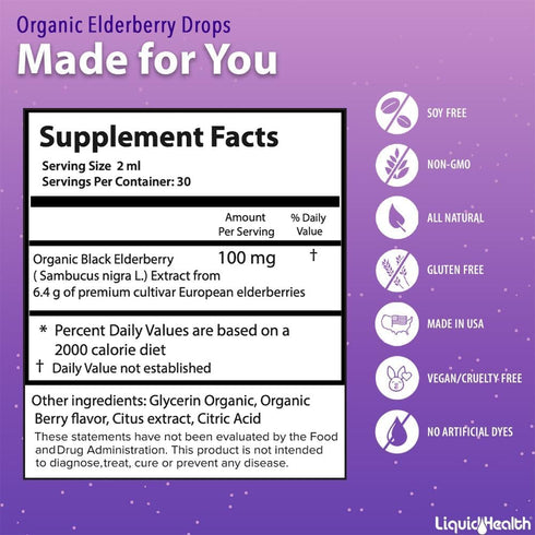LIQUIDHEALTH USDA Organic Elderberry Liquid Drops for Kids and Adults - Liquid Vitamin Supplement, Immune Support Syrup, Antioxidant, Vegan, Non-G...