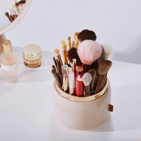 Makeup Brush Holder Organizer with Lid 360 Rotating Dustproof Makeup Brushes Organizer for Vanity (Blush Pink)...