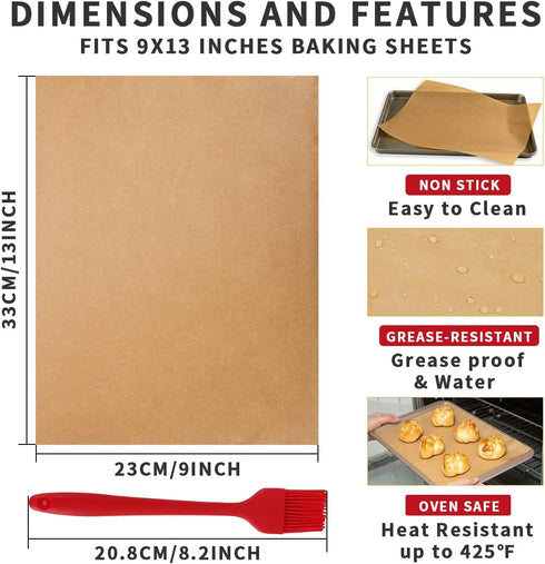 300 PCS Parchment Paper Sheets, YULEER 9x13 Inches Non-Stick Precut Baking Parchment with Silicone Brush, Unbleached Baking Sheets, Half Sheet for...