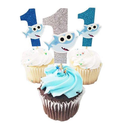 TUDACVTE ONE 1st Birthday Cake Topper with Cupcake Toppers Shark for Boy Baby Shower Party Supplies (Blue)...