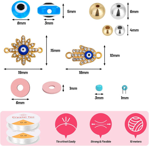 Acejoz Evil Eye Charms/Bracelet Making Kit with Glass Seed Clay Beads and Elastic String for Bracelets, Gold, 2702 Pieces...