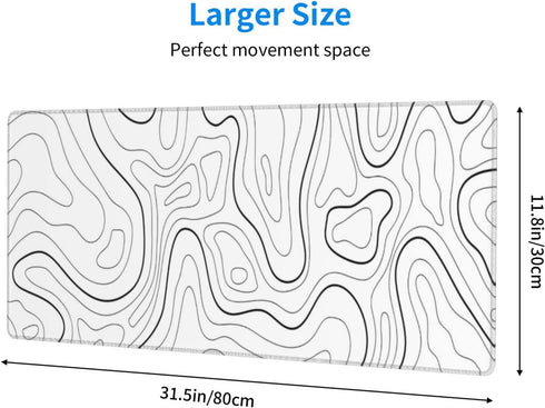White Mouse Pad Extended Gaming Mouse Pad for Desk 31.5 x 11.8 Inch Black and White Mousepad Topographic Mouse Pad with Anti-Slip Rubber Base for ...