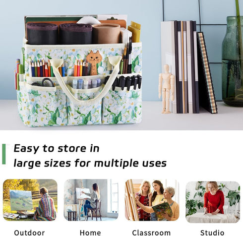 Craft Organizer Tote Bag Art Storage Caddy with Multiple Pockets Storage Containers for Art,Craft,and Office Supplies Storage Jasmine Flower...