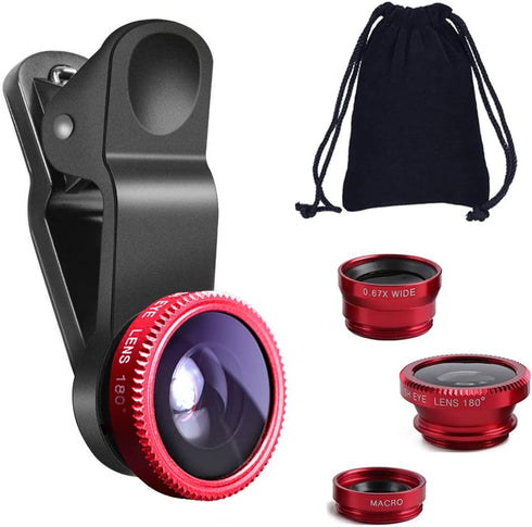 KINGMAS 3 in 1 Universal Fish Eye & Macro Clip Camera Lens Kit for iPad iPhone 7 6 5 Samsung BlackBerry HTC and Most Smartphones (Red)......