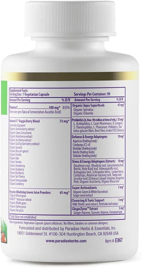 Paradise Herbs Earth's Blend Vitamin C with Nature's C and Adaptogens, Superfoods Base of Probiotics & Organic Alkalizing Greens, 90 Vegetarian Ca...
