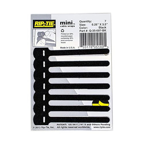 RIP-TIE Mini 1 /4" x 3-1/2" Cable Tie Perfect for USB Cable, Earbud Cords, Cell Phone Cord 7 Pack Black...