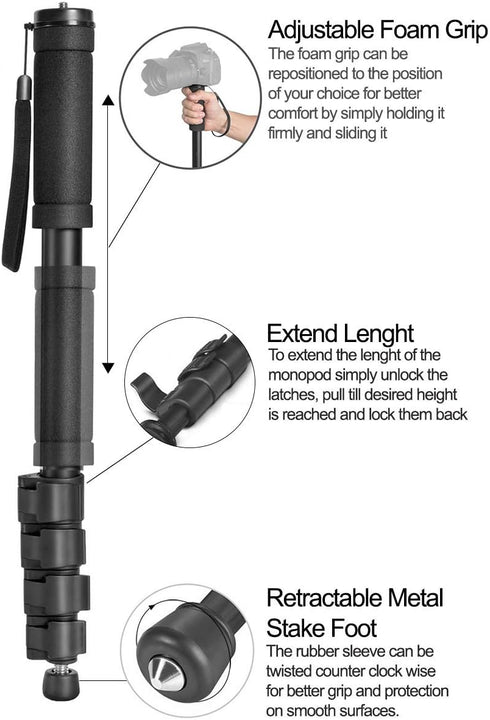 Acuvar 62' Inch Monopod with Integrated Safety Strap and 4 Section Extending Pole for All Digital Cameras, DSLR, Mirrorless, Compact Cameras, Camc...