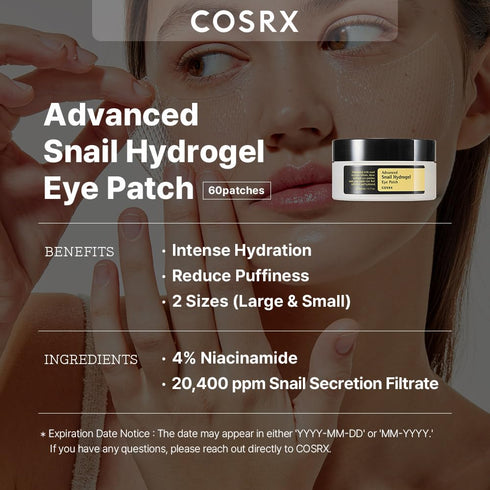 COSRX Advanced Snail Hydrogel Eye Patch (60pc), Gel Serum Mask, Puffy Undereye Treament, Fine Lines, Refresh, Hydrate| Paraben free, Korean Skinca...