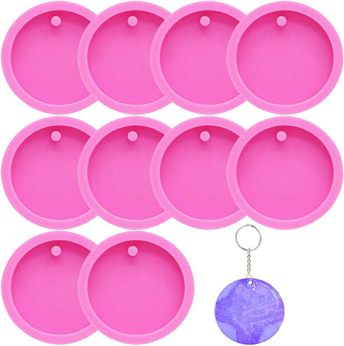 10 Pack Round Keychain Silicone Mold Flat Circle Resin Molds with Hole, Keychain Charms Epoxy Resin Molds Casting Molds for DIY Earrings, Keychain...