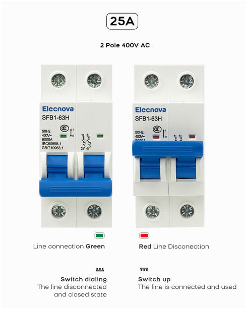 6-63A Miniature Circuit Breaker, AC 2 Pole 25 Amp 400V, DIN Rail Mounted, 110V / 120V Available, Thermal Magnetic Trip, Overload, Short-Circuit Pr...