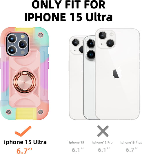 Compatible with iPhone 15 Pro max Case 6.7" - Heavy-Duty Shockproof Military-Grade Rugged Cover with Ring Stand, Glass Screen Protector & Camera L...