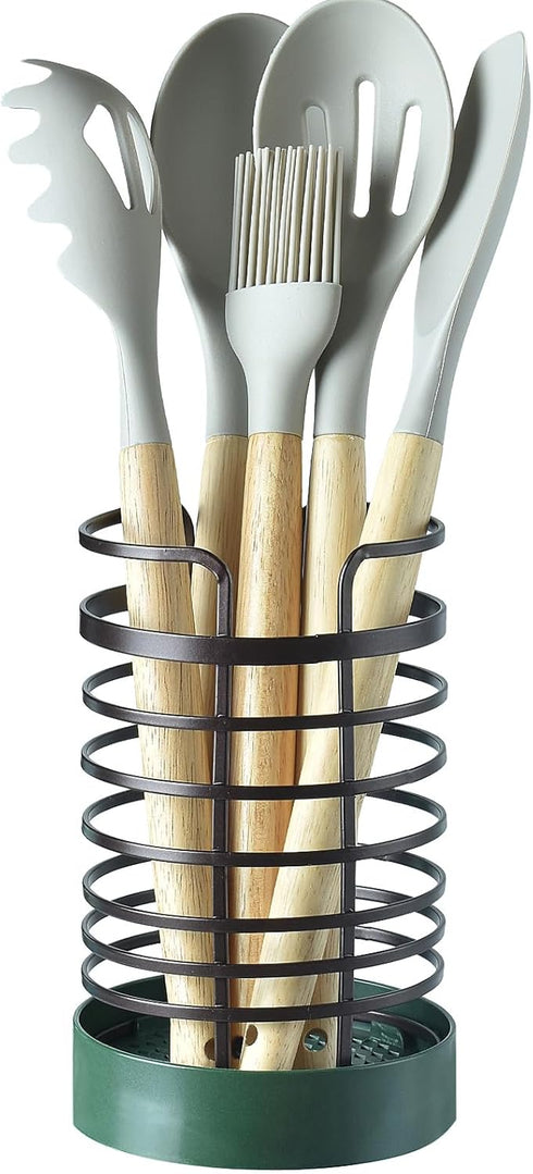 Utensil Holder, Kitchen Utensil Holder Rack with Gelatinous Base and Metal holder, Wire Utensil Organizer Round Utensil Caddy Crock Flatware Stora...
