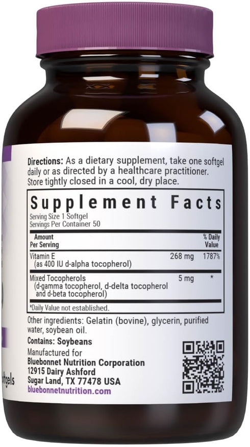 Bluebonnet Nutrition Vitamin E 400 IU (268 mg) Mixed Tocopherols Softgels, Free Radical Portection & Cardiovascular Support, Gluten-Free, Dairy-Fr...