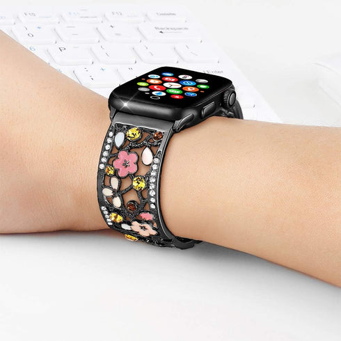 Floral Bracelet Compatible with Apple Watch Band 38mm 40mm 41mm 42mm iWatch Bands Series 10 9 8 7 6 SE,Bling Crystal Hollow Metal Strap,Cute Women...