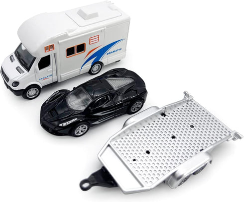 Toy Camper RV Trailer Towing Supercar Sports Model Car Diecast Motorhome Toys for Boys Pull Back Toy Cars, Beach Sandbox Outdoor Adventure Play Se...