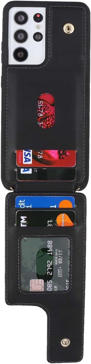 for Samsung Galaxy S21 Ultra Case with Card Holder and Strap for Women,Crossbody Lanyard,Ring Stand,Snap Clasp,Phone Wallet Cases 6.8 inch(Black)....